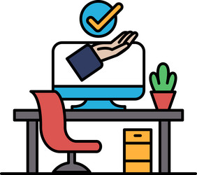 a computer monitor with hand on it and check vector image