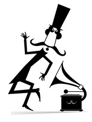 Retro record player dancing man in the top hat vector
