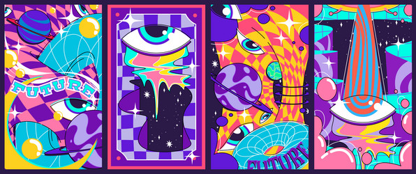 psychedelic retro posters set with abstract shapes vector image
