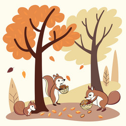 squirrels collecting nuts under trees background vector image