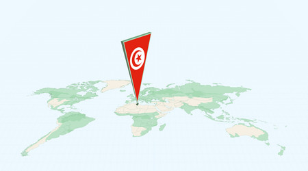 highlighted tunisia on global map with 3d flag vector image