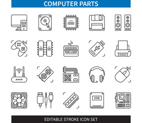 computer parts editable stroke icon set vector