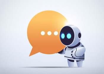 Cute robot cyborg holding chat bubble vector