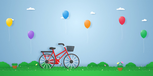 bicycle in the garden with colorful balloons vector