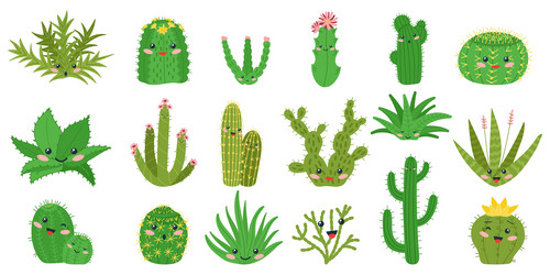 cute cactus happy cacti with kawaii faces vector