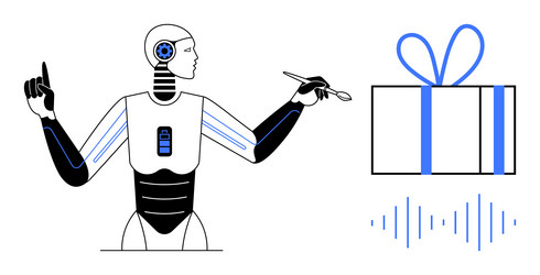 robot with digital and artistic tools creating vector image