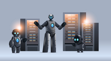 robots in server room big cloud data analysis vector image