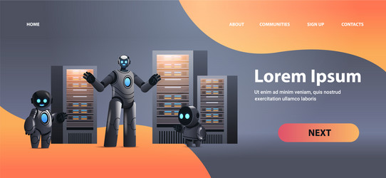 Robots in server room big cloud data analysis vector