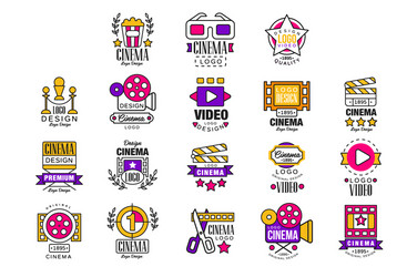 Cinema logo design set video symbols in retro vector