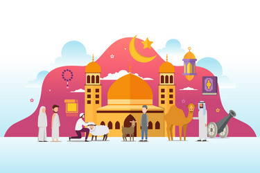 eid adha mubarak with tiny people character design vector