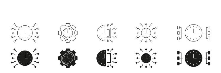 clock with circuitry line and solid icon set time vector image