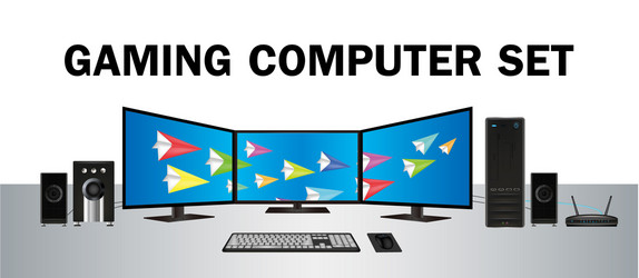 gaming desktop computer set with multi monitor vector image
