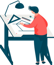 Man architect sitting at desk working on blueprint vector