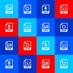 Set doc file document raw ogg and mp4 icon vector