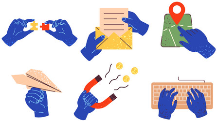 Set of blue hands holding different stuff human vector