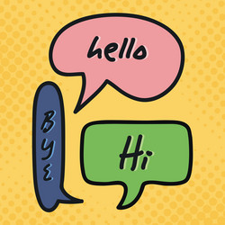 three speech bubbles drawn with hi hello and bye vector