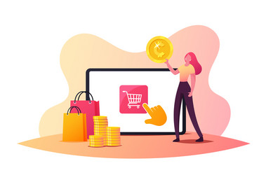 Tiny female character make purchase in one click vector