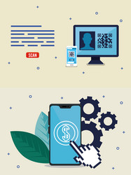 qr code inside computer smartphone and hand cursor vector image
