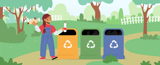 Little girl character throw trash into litter bin vector