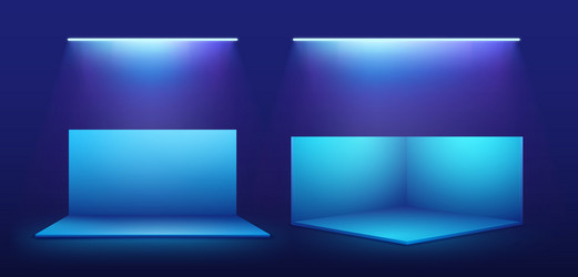 blue wall mockup showroom with leds on top blank vector