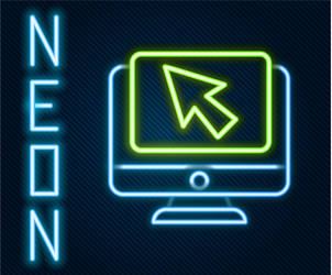 glowing neon line computer monitor and cursor icon vector