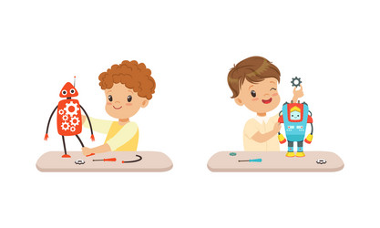 cute boys creating robot models set kids vector