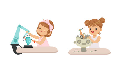 cute girls creating robot models set kids vector