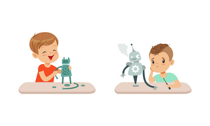 cute boys creating robot models set kids building vector