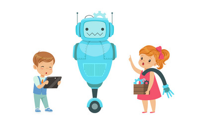 Cute boy and girl creating robot model set kids vector