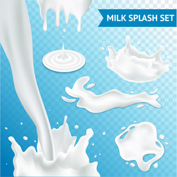 Set of 3d milk splash and pouring Royalty Free Vector Image