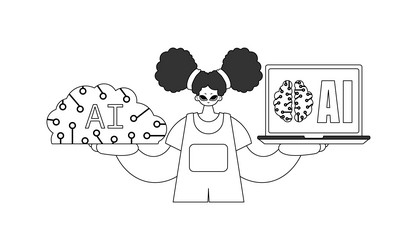 Girl holds ai model linear Royalty Free Vector Image