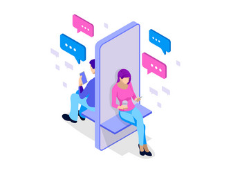 Isometric woman and man typing on mobile vector