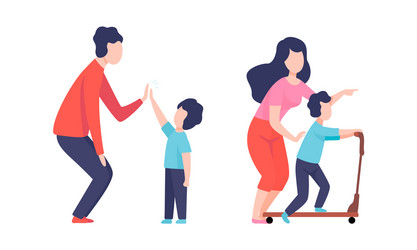 Man and woman parent walking playing with kids vector