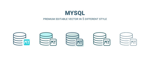mysql icon in 5 different style outline filled vector