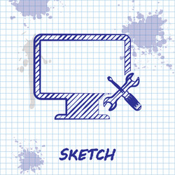 sketch line computer monitor with screwdriver vector image