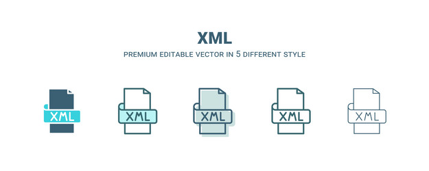 xml icon in 5 different style outline filled two vector