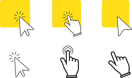 Yellow buttons with clicking hand or arrow pointer vector