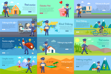 Set of icon with postman characters and mail boxes vector