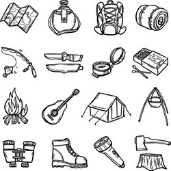 camping black white icons set vector