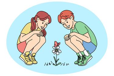 smiling kids looking at flowers vector