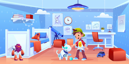 Boy Playing with Robot Puppy - Robotics Fun vector image