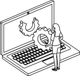 young woman with laptop computer and gear settings vector image