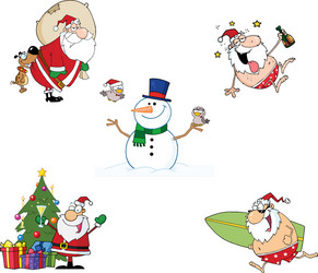 Cartoon Santa & Snowmen Collection Vector Image
