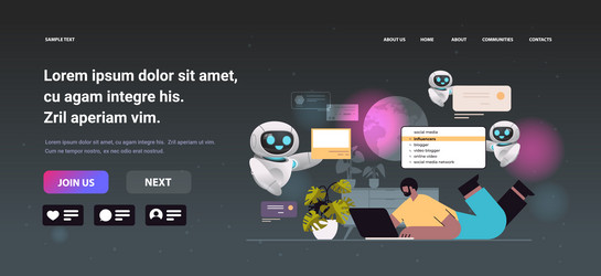 man with robots helpers choosing influencers vector image