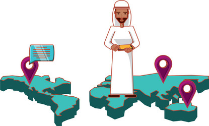 Man arab in map with smartphone and set icons vector