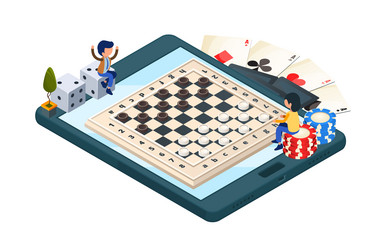 online board game isometric phone with checkers vector