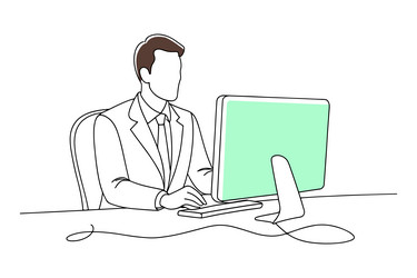 man in a suit at desk engaged with computer vector image