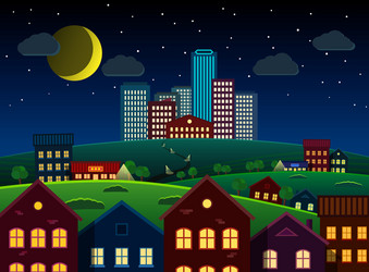 city and suburbs on hill at night vector