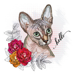 Cute sphynx cat in flowers hand drawn vector