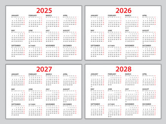 Calendar 2026 2027 2028 2029 template planner Vector Image
